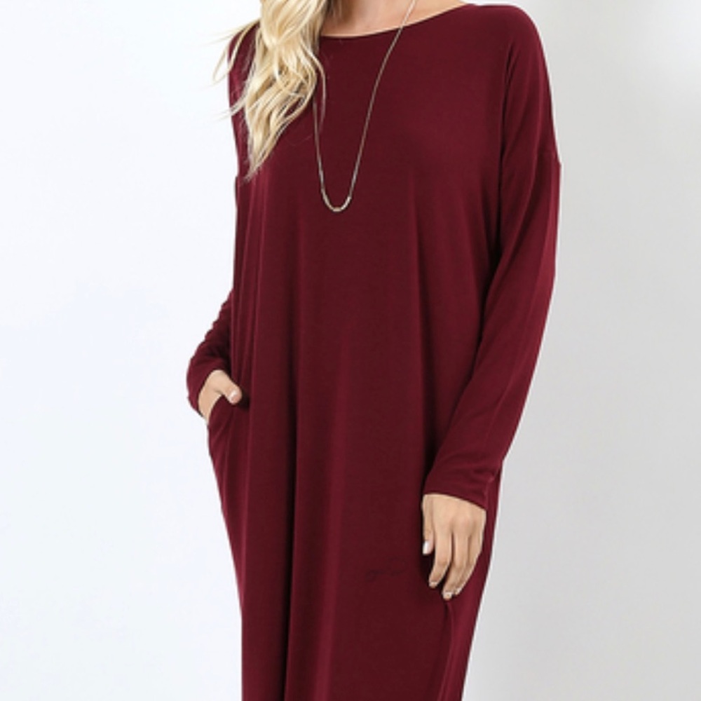 TSHIRT DRESS WITH POCKETS IN BURGUNDY - Picture 3 of 5