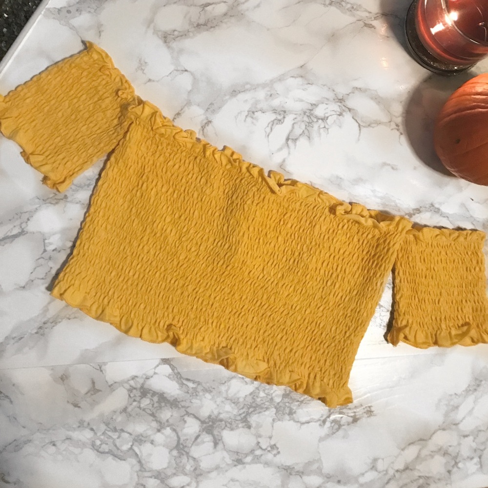 Yellow shirred Bardot crop top