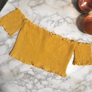 Yellow shirred Bardot crop top