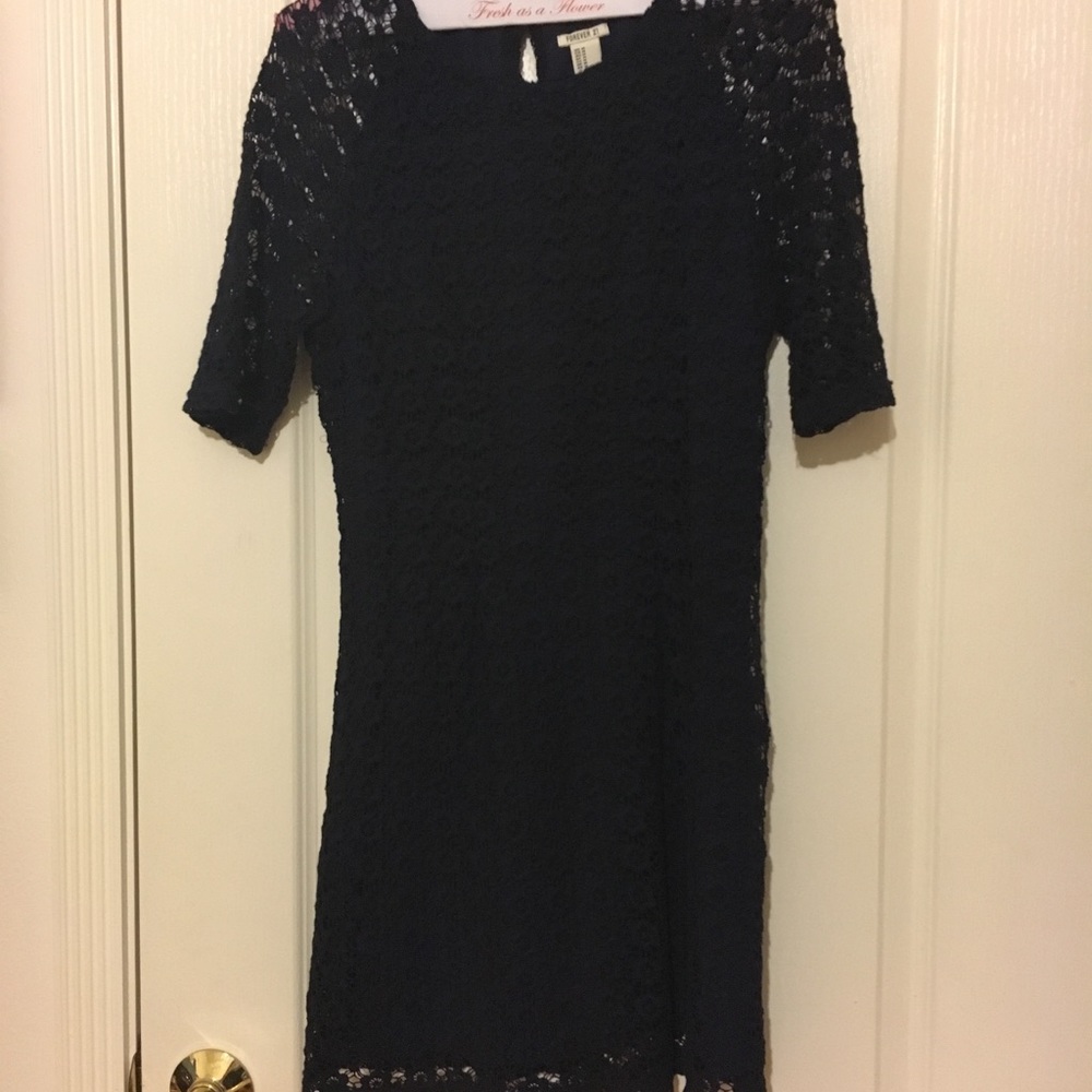 navy lace overlay dress