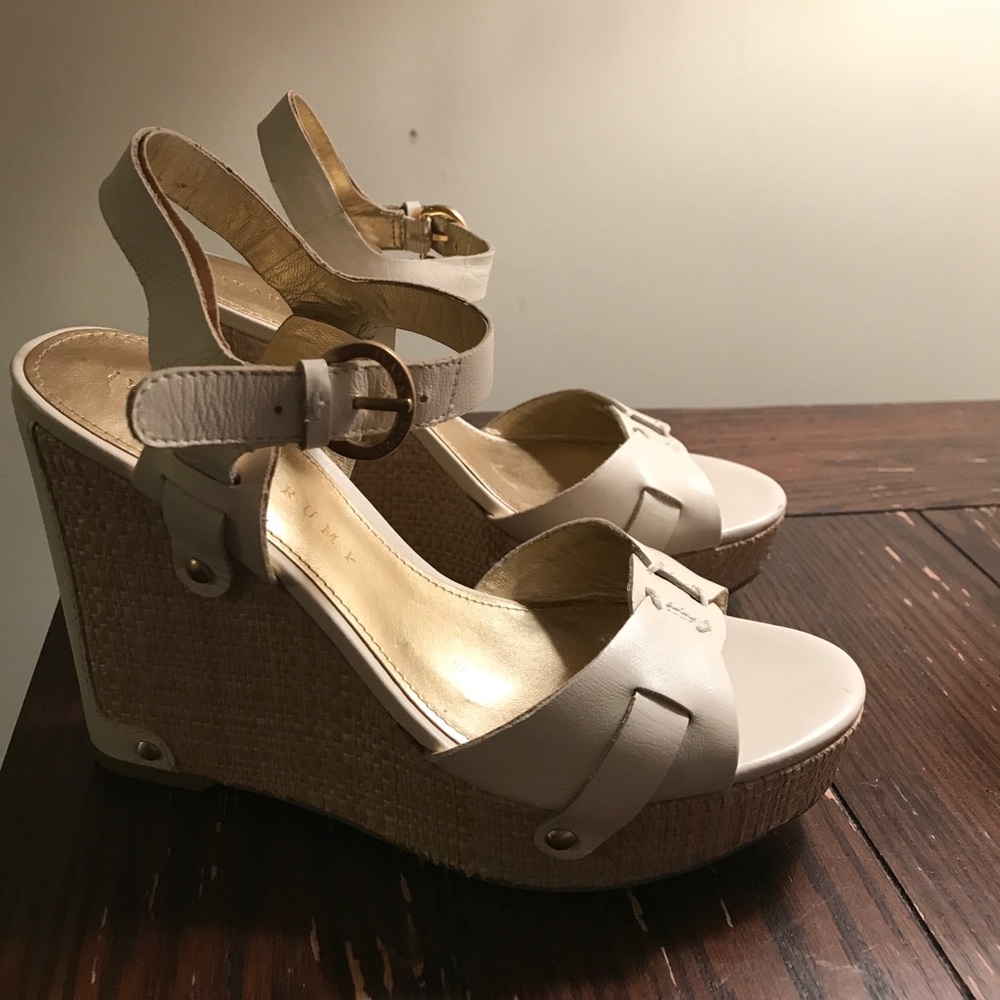 Ivanka Trump White Leather & Wicker Wedges