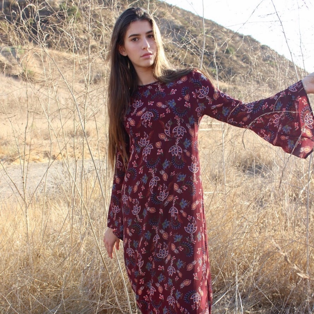 Maroon Bell Sleeve Boho Full Length Maxi Dress