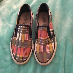 Plaid converse slip ons