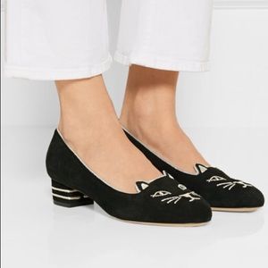 Charlotte Olympia Kitty embroidered suede pumps