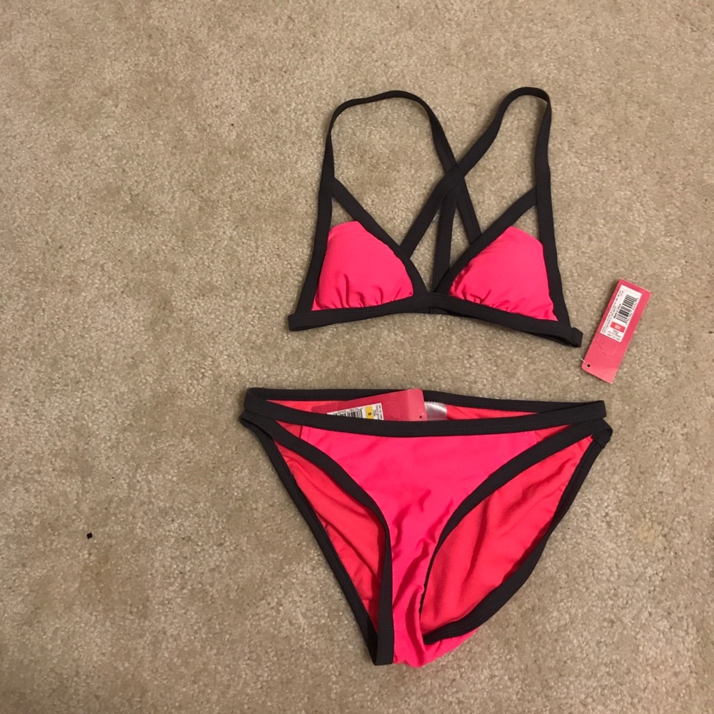 Hot pink/dark grey xhiliration strappy bikini