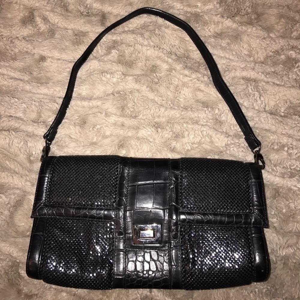 WHITING&DAVIS BLACK LEATHER/SEQUIN SHOULDER/CLUTCH