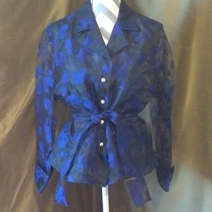 😺Black and Blue Floral Button-Down Sheer Blouse