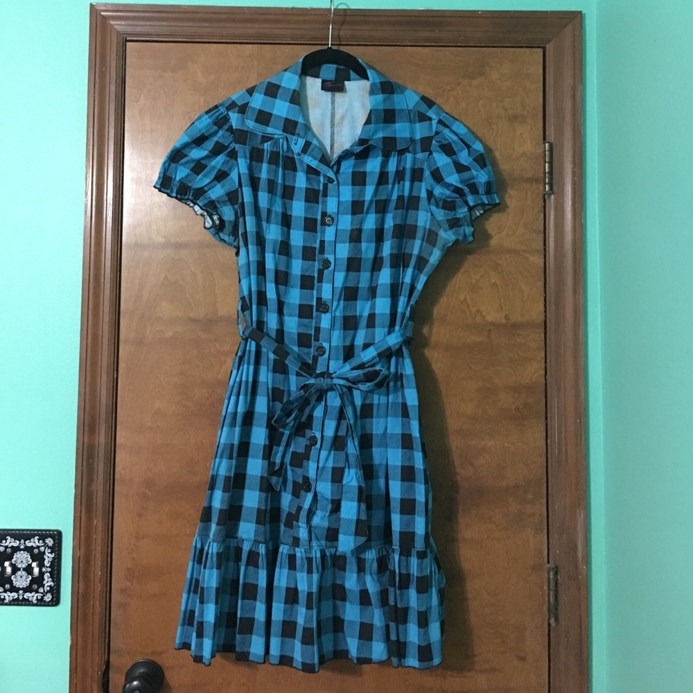 Torrid 1 plaid ruffle black and blue shirt dress
