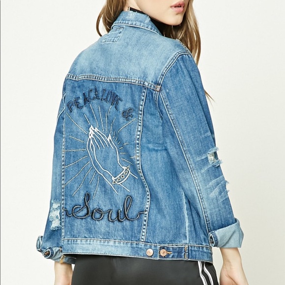 Forever 21 Jackets & Blazers - New Embroidered Denim Jacket “Peace Love & Soul”