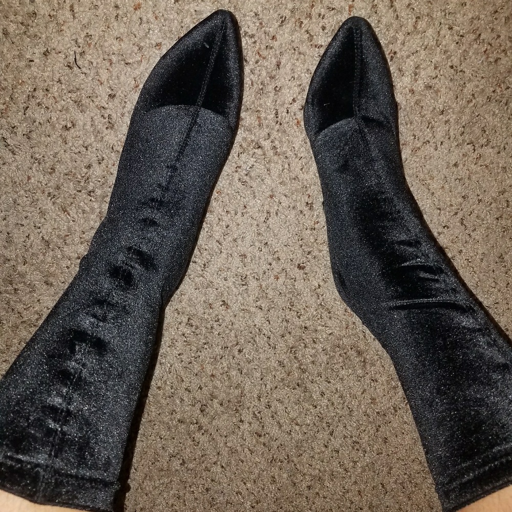 Black suede bootie with clear heel