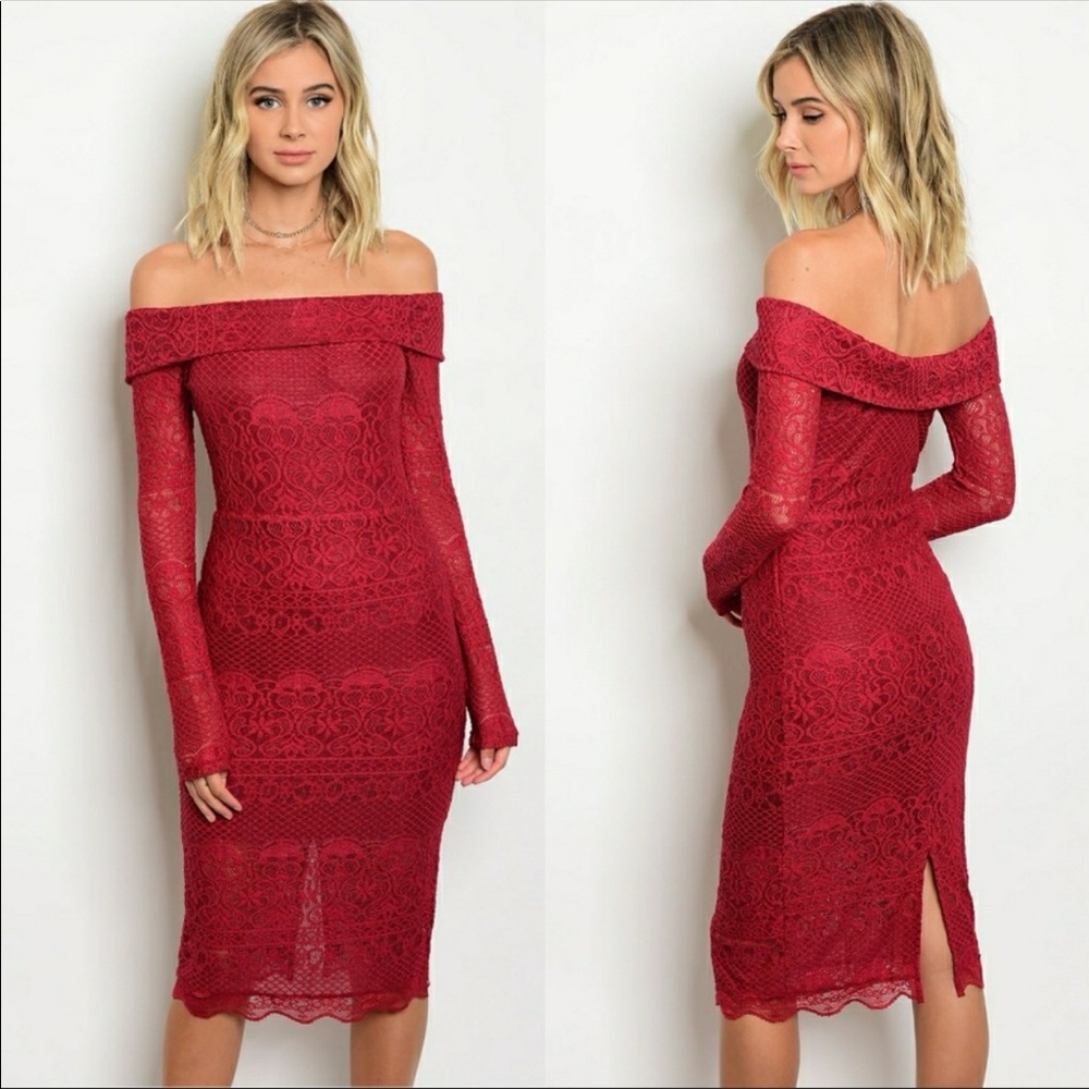 Burgundy off the shoulder long sleeve lace dress Christmas holiday dress