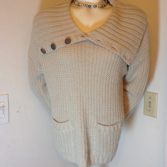 Caslon Sweaters - TAN SWEATER WITH BIG COLLAR AND LOTS OF BUTTONS