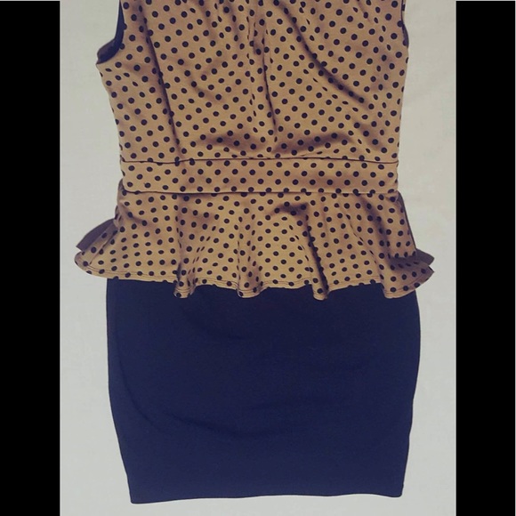 Tan & Black Polka Dot Peplum Dress - Picture 2 of 4