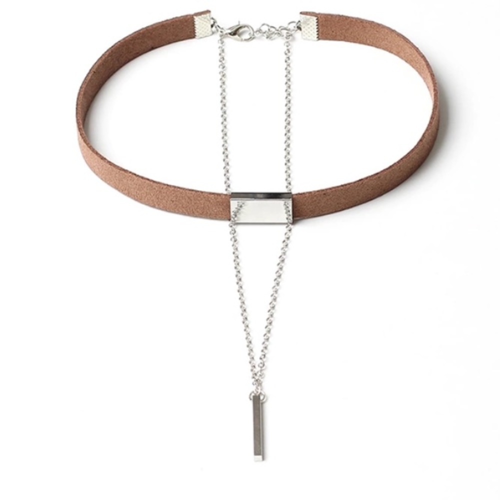 Brown Choker With Silver Toned Chain & Bar Pendant - Picture 2 of 2