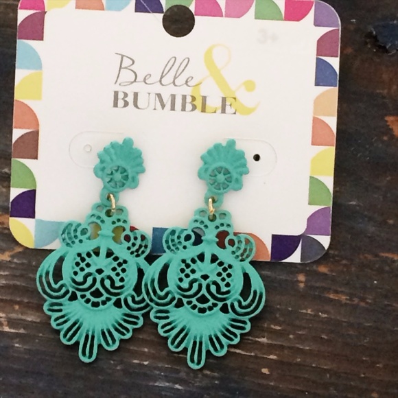 Girls Belle & Bumble Metal Drop Earrings Green NWT - Picture 4 of 4