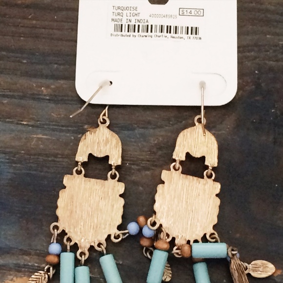 Bohemian Metal Feather Gold Turquoise Costume Earr - Picture 2 of 3