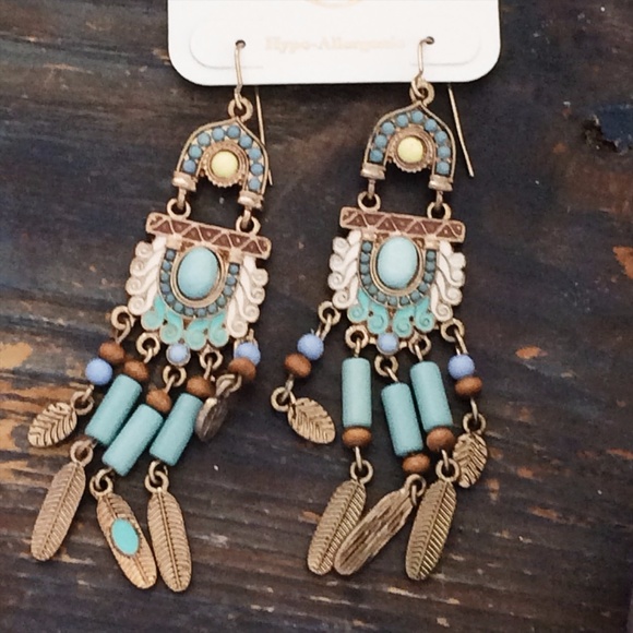 Bohemian Metal Feather Gold Turquoise Costume Earr - Picture 3 of 3