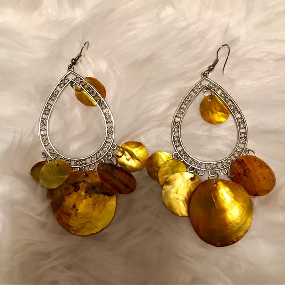 Silver Tear Drop Earrings with gold circles-NWOT - Picture 3 of 7