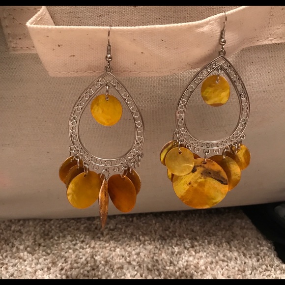 Silver Tear Drop Earrings with gold circles-NWOT - Picture 2 of 7