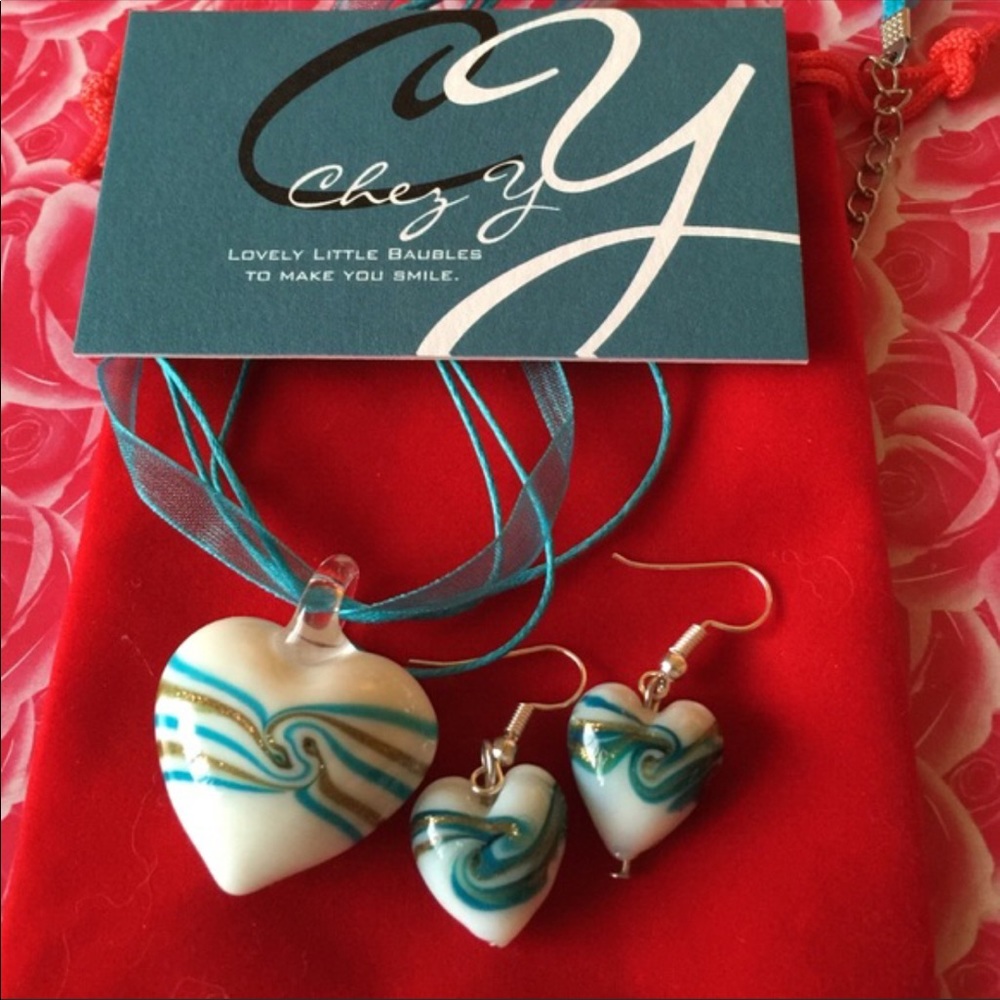 Molded Glass Heart Necklace and Earrings White