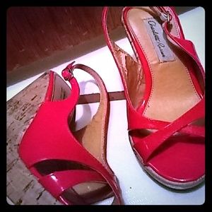 Red patent leather wedges
