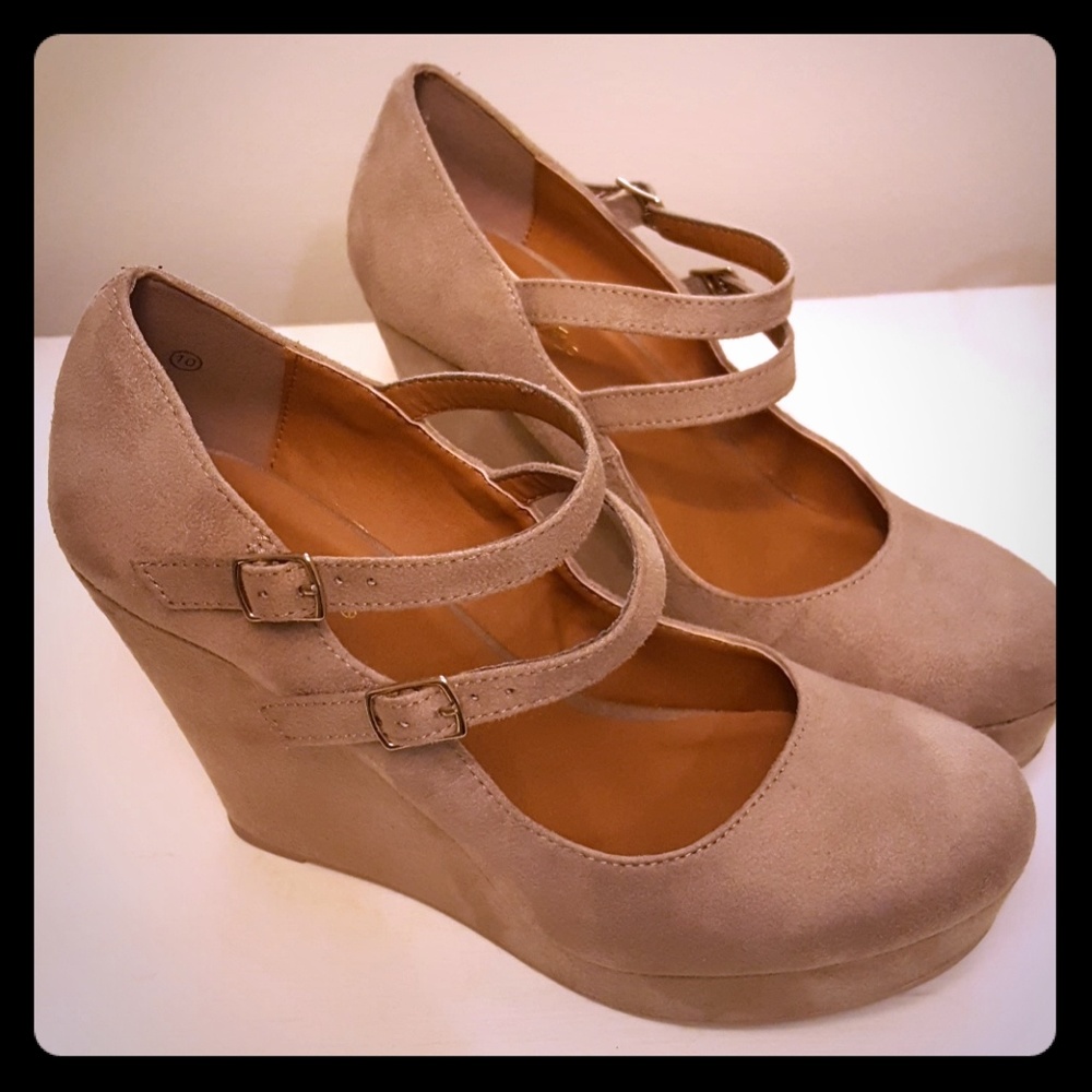 SODA Daniel Double Strap Mary Jane Wedge in tan