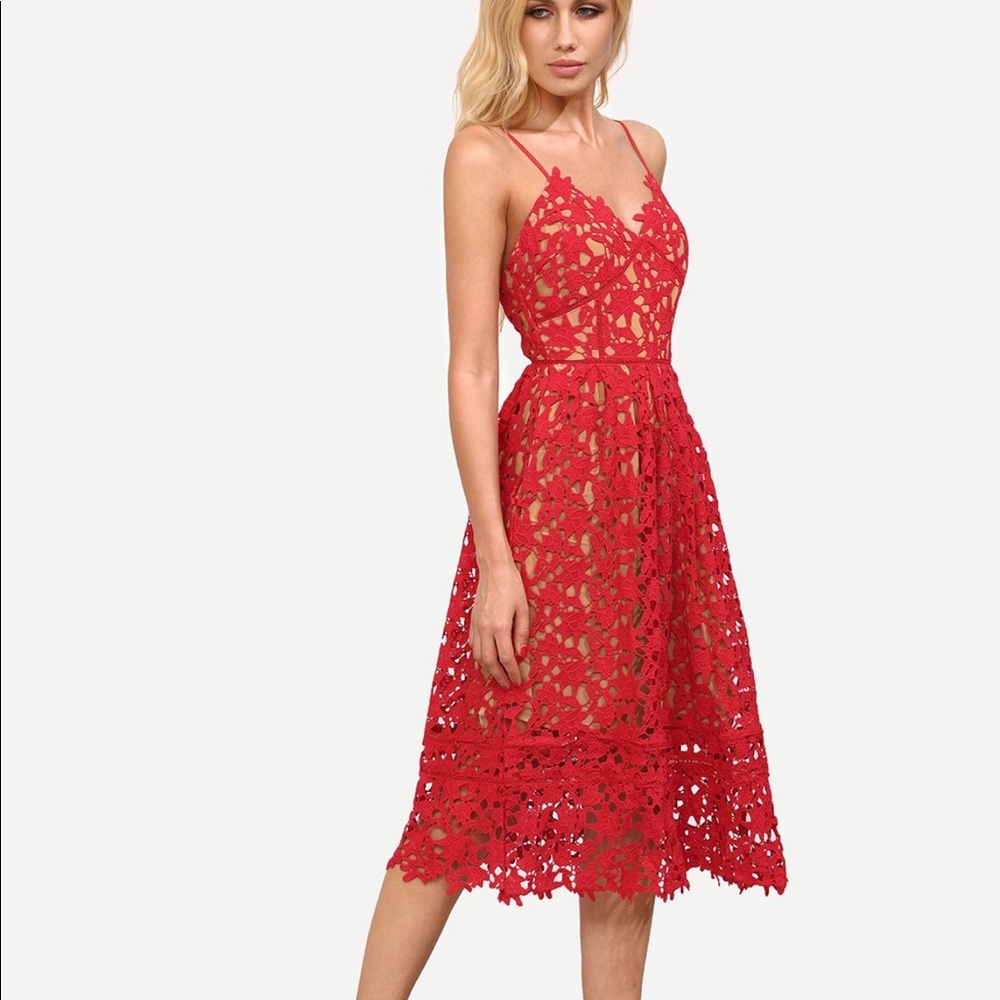 Designer inspired tea-length lace dress