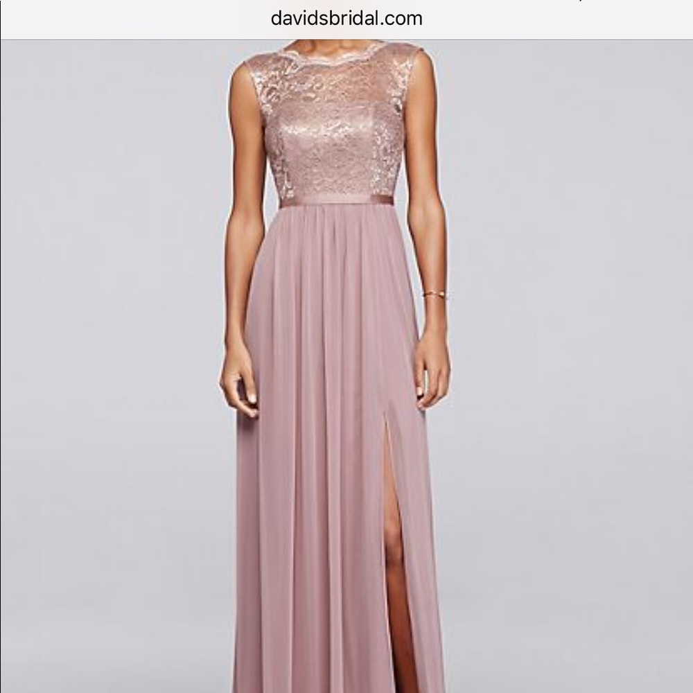 David's bridal bridesmaid gown. Rose Gold metallic