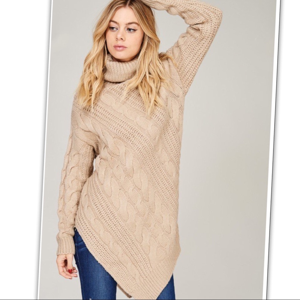 Cozy Knit Crocheted Turtleneck Sweater Taupe - Picture 2 of 8