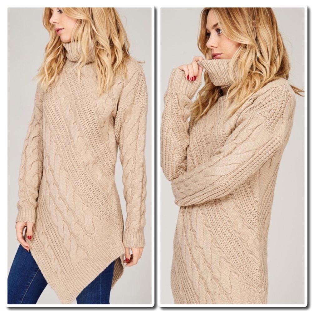 Cozy Knit Crocheted Turtleneck Sweater Taupe - Picture 3 of 8