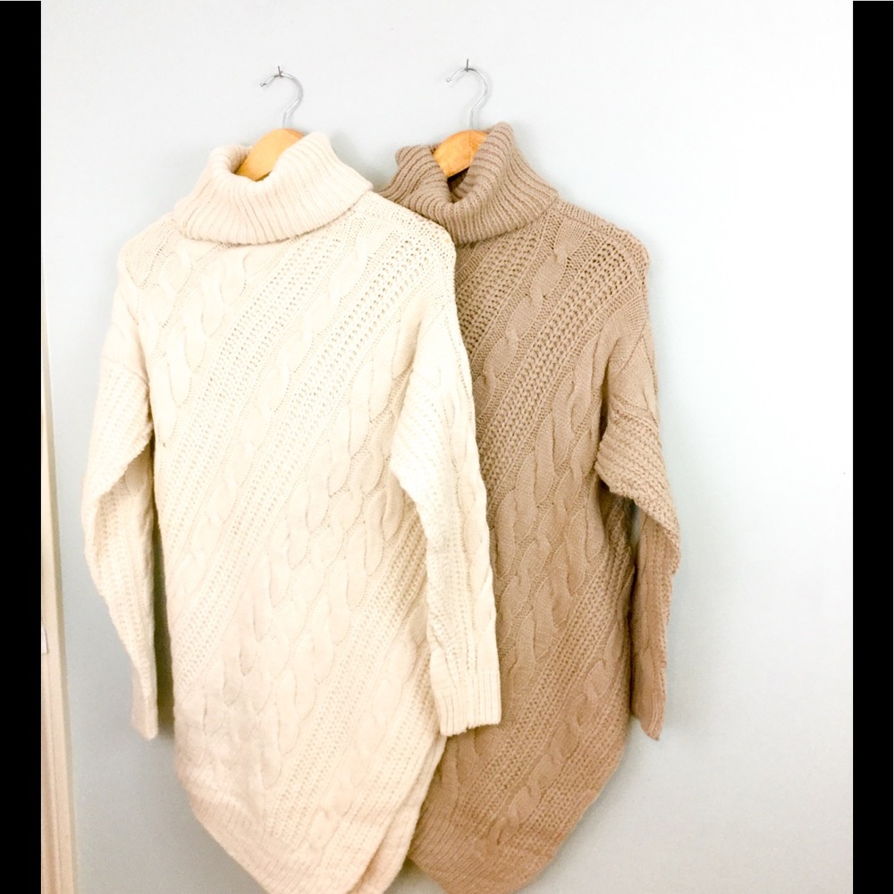 Cozy Knit Crocheted Turtleneck Sweater Taupe - Picture 6 of 8