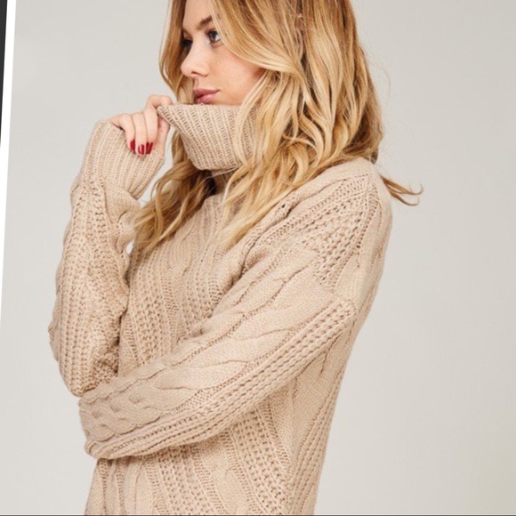 Cozy Knit Crocheted Turtleneck Sweater Taupe - Picture 5 of 8