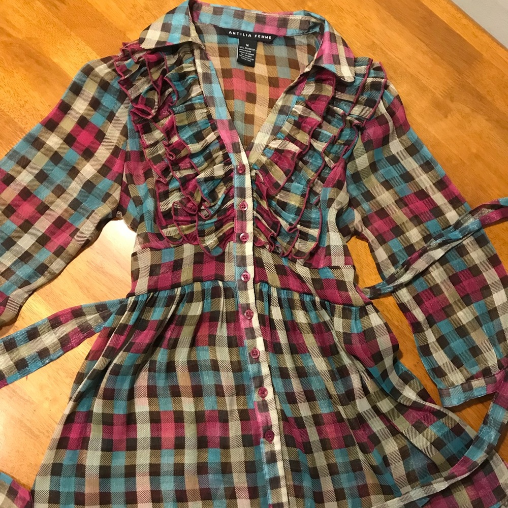 Sheer plaid belted top