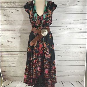 Black Print Bohemian Dress Sz L NWOT