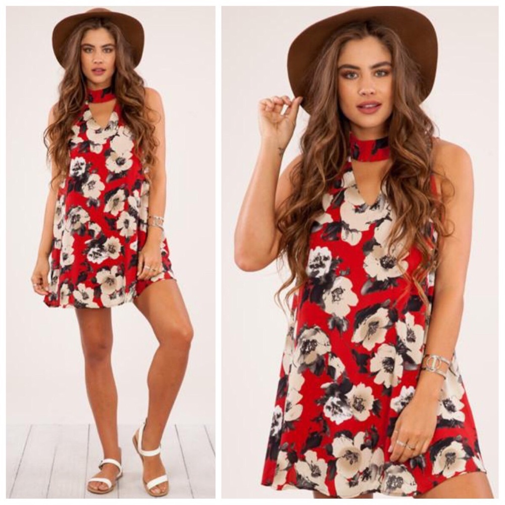 New red fall Floral mock neck keyhole dress