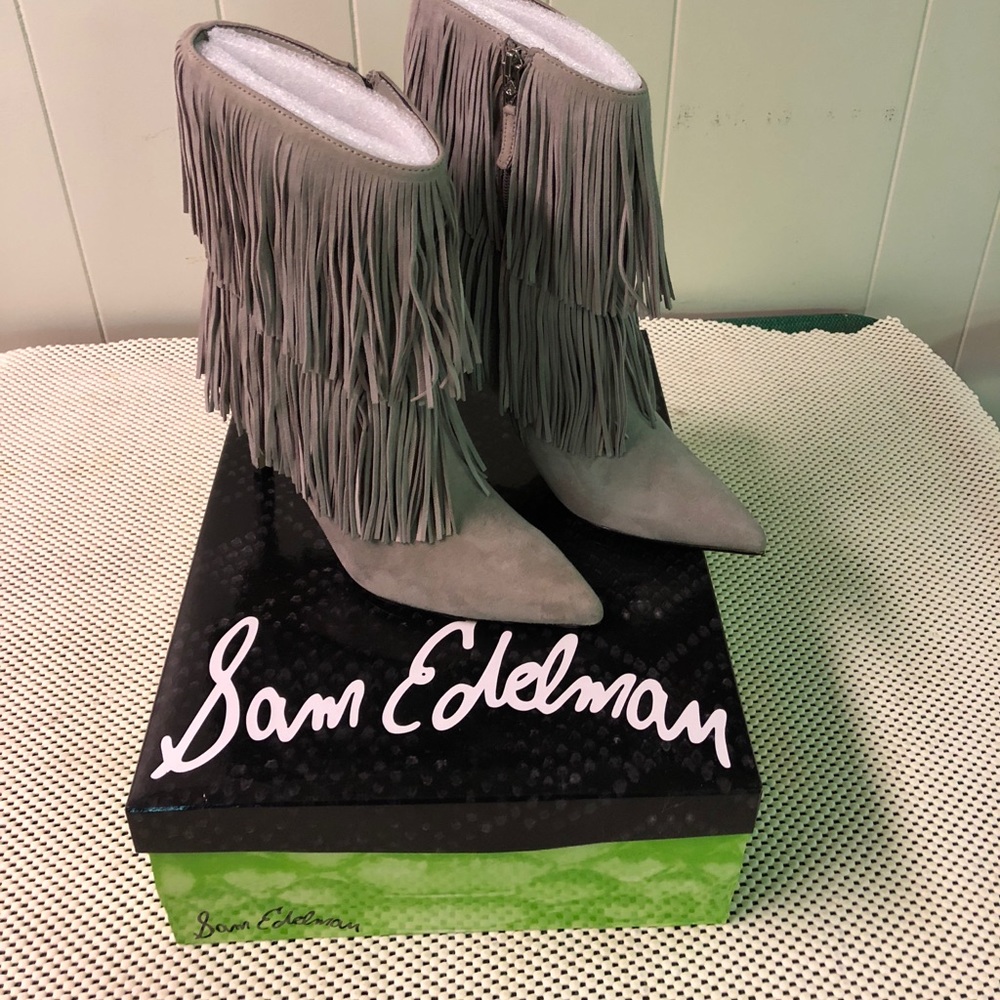 Sam Edelman grey suede fringe booties.