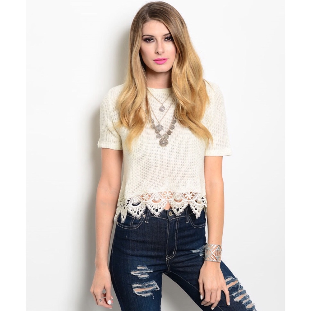 Cream crochet trim cropped sweater
