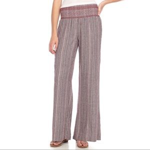 Smocked Waist Wine Striped Linen Pants
