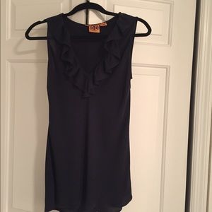Navy blouse with ruffles around neckline