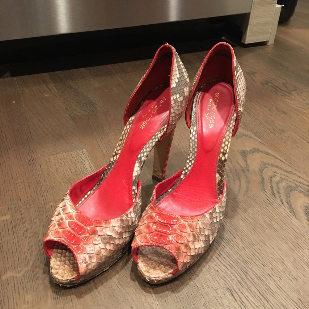 Sergio Rossi Snake Skin Peep Toe Pumps