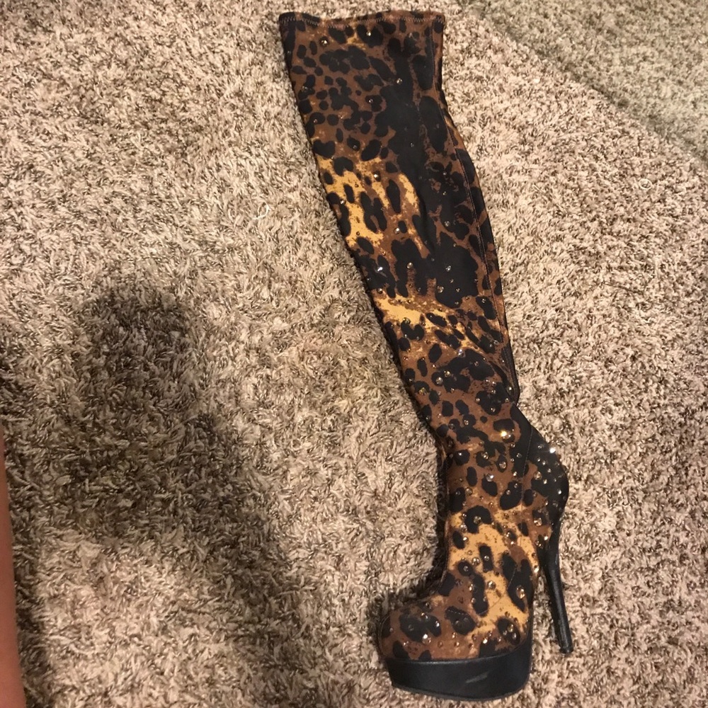 Thigh high cheetah print rhinestone boots