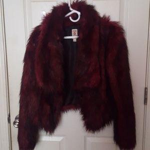 decree cropped pink faux fur jacket