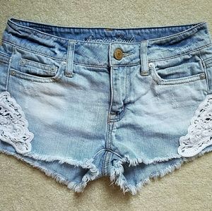 🐺 AEO Light Blue Cutoffs Jean Shorts Crochet Lace