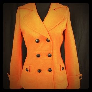 Forever 21 Orange Wool Blend Pea Coat Medium
