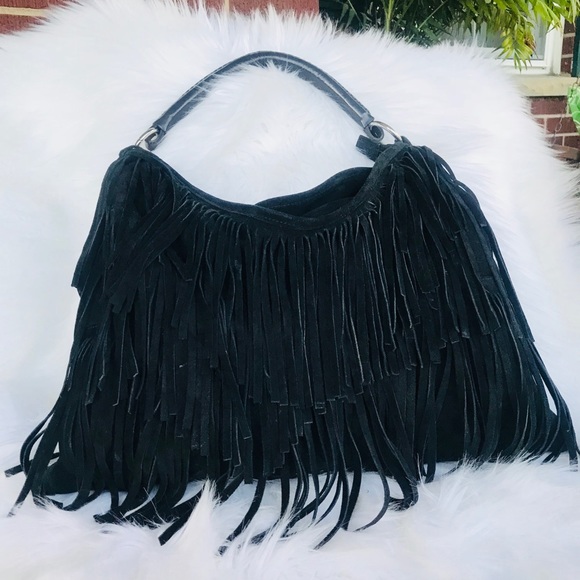 D2 Handbags - D2 Black Suede Fringed Hobo Bag