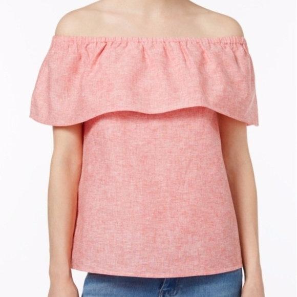 Kensie Tops - Kensie Peachy Pink Off The Shoulder Flounce Top