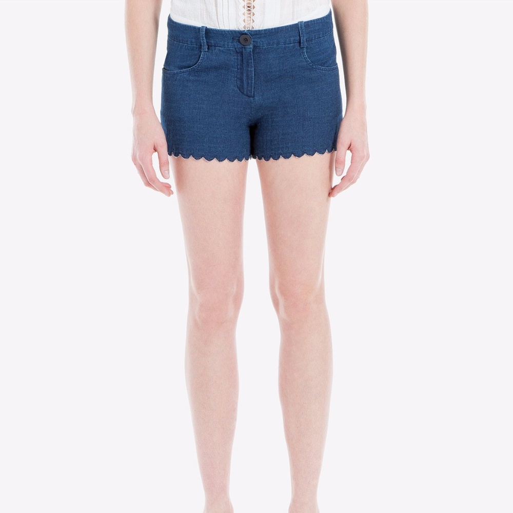 Max Studio Scallop Hem Cotton Denim Shorts