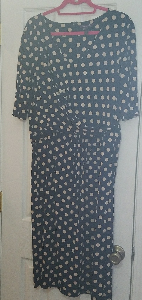 Wrap Front Navy and Beige Polka Dot Dress