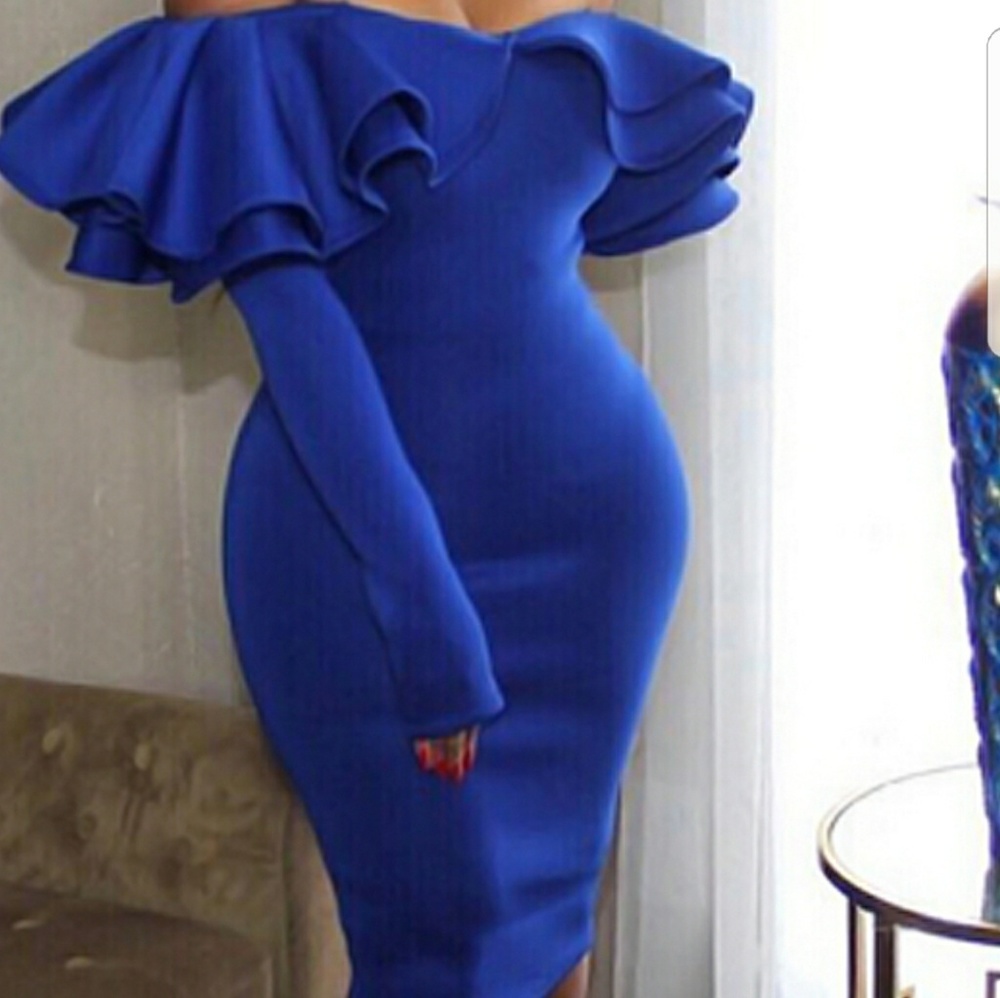 Royal blue off the shoulder dress.