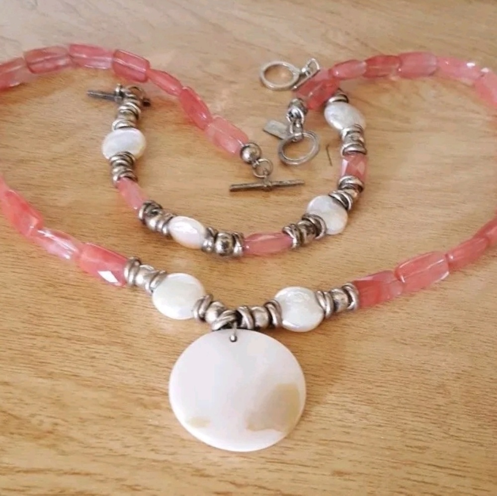 Rose quartz and coin pearl necklace set